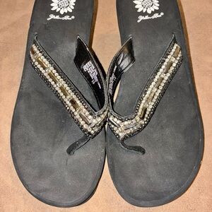Yellow Box Black Sandals with Beaded Straps Tula